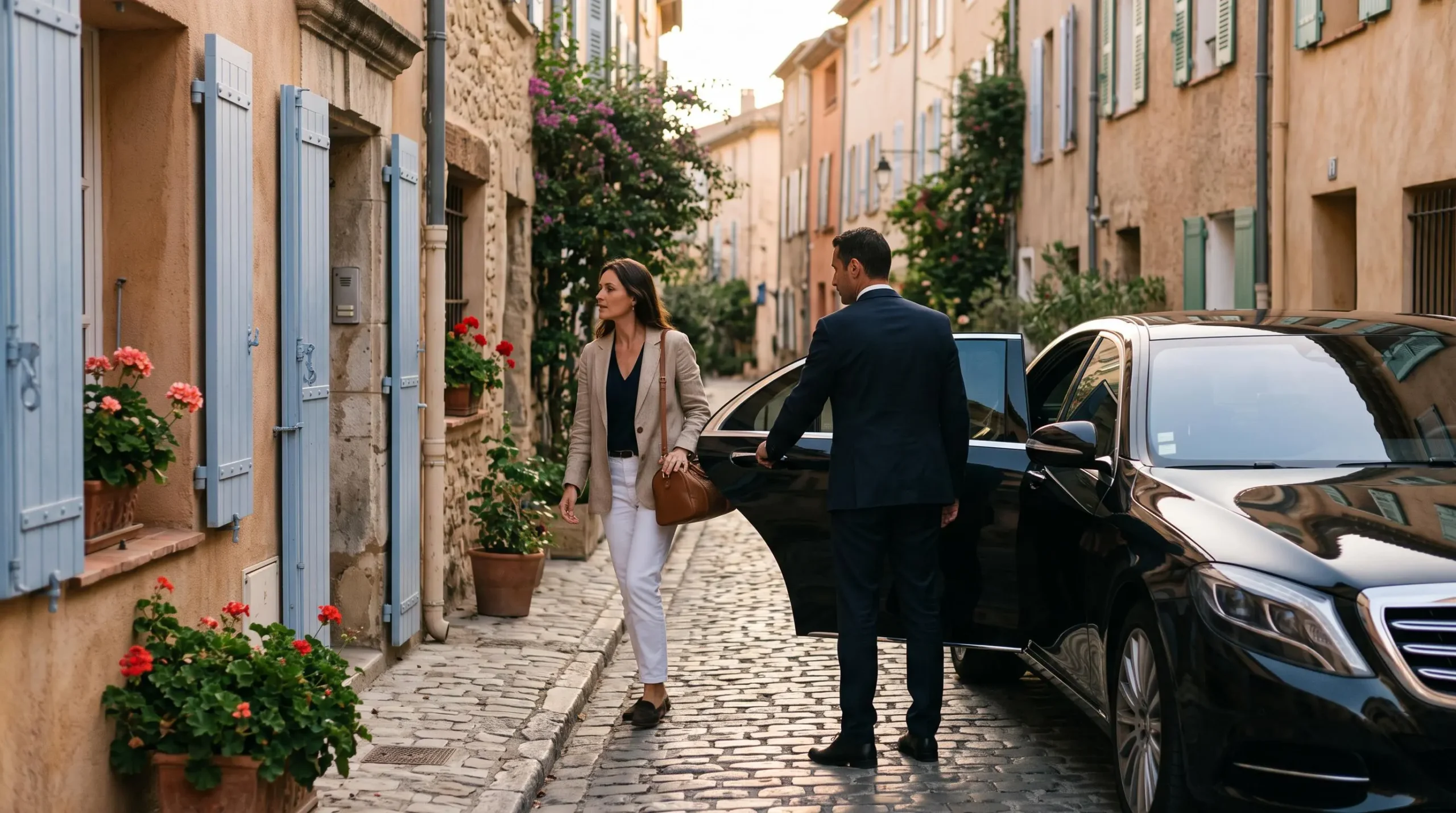A chauffeur opens the door of a black sedan for a guest arriving on a quiet street in Saint-Tropez.