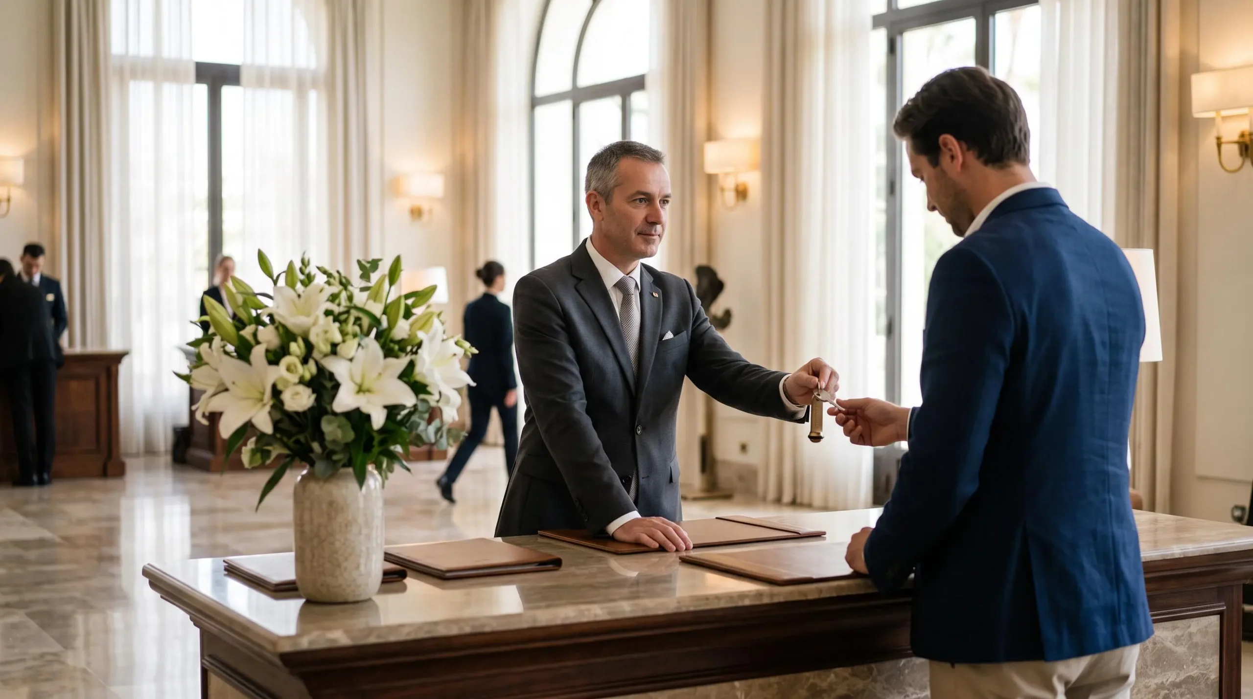 A hotel concierge assists a guest at the desk of a five-star hotel lobby on the French Riviera.