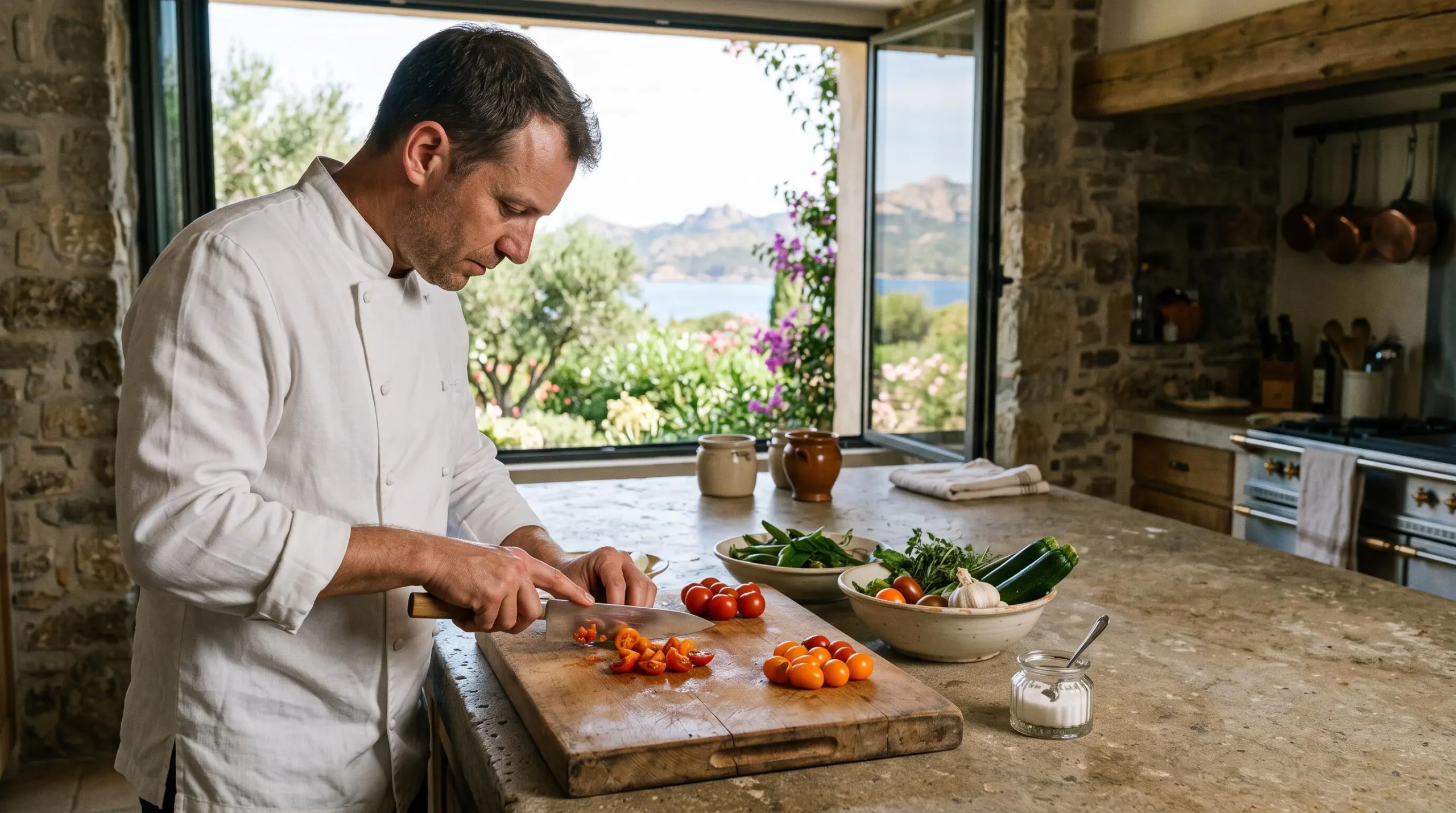 A private chef prepares fresh vegetables on a stone counter in the kitchen of a rented villa near Saint-Tropez.