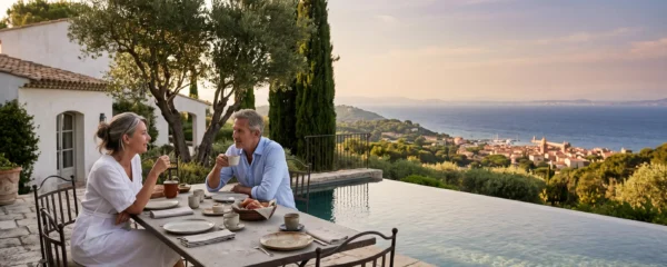 A couple enjoys a private breakfast by the pool of a rented villa overlooking the Mediterranean near Saint-Tropez.