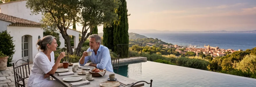 A couple enjoys a private breakfast by the pool of a rented villa overlooking the Mediterranean near Saint-Tropez.