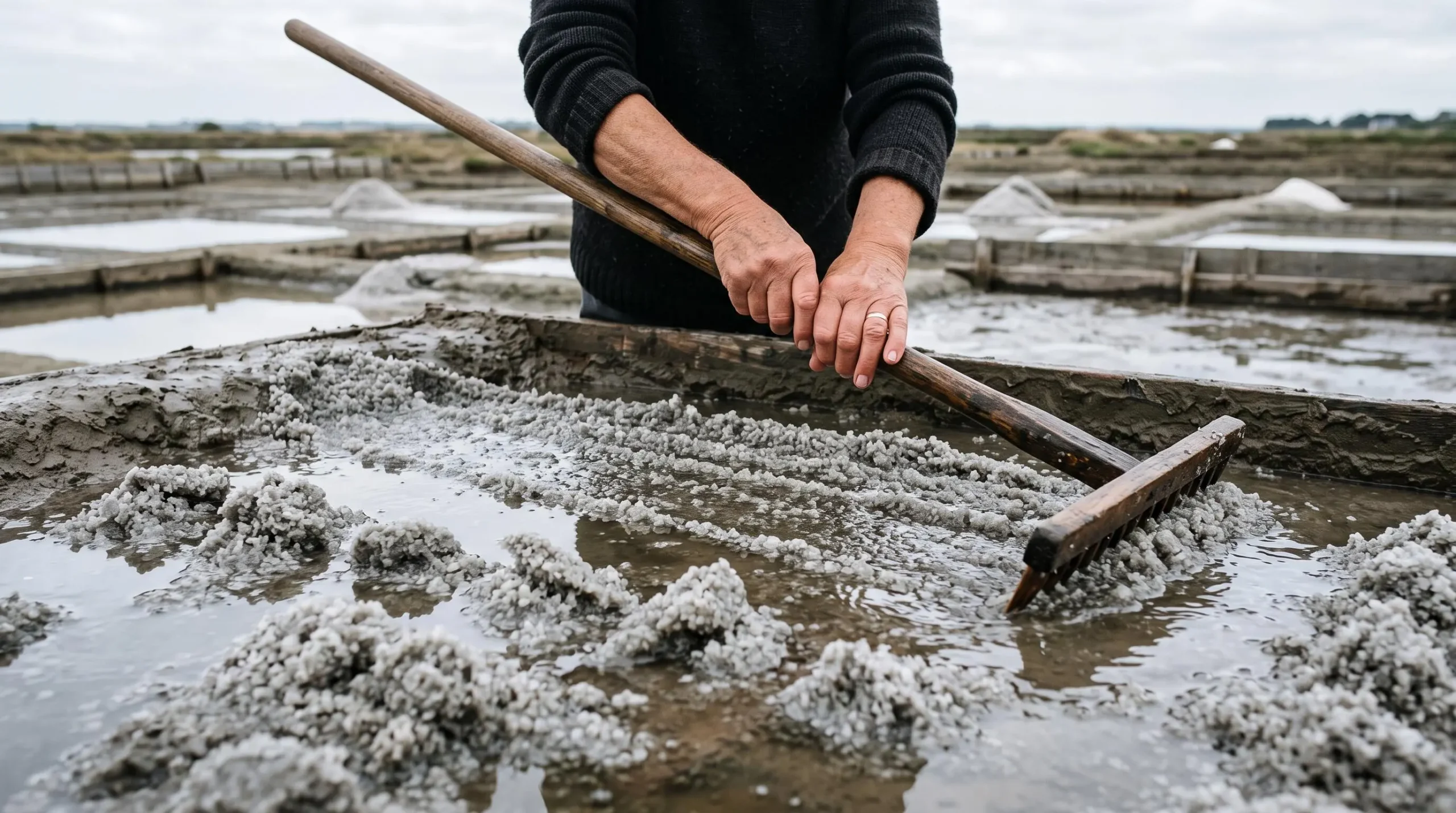 Hands rake coarse sea salt crystals across a shallow salt evaporation basin in daylight.