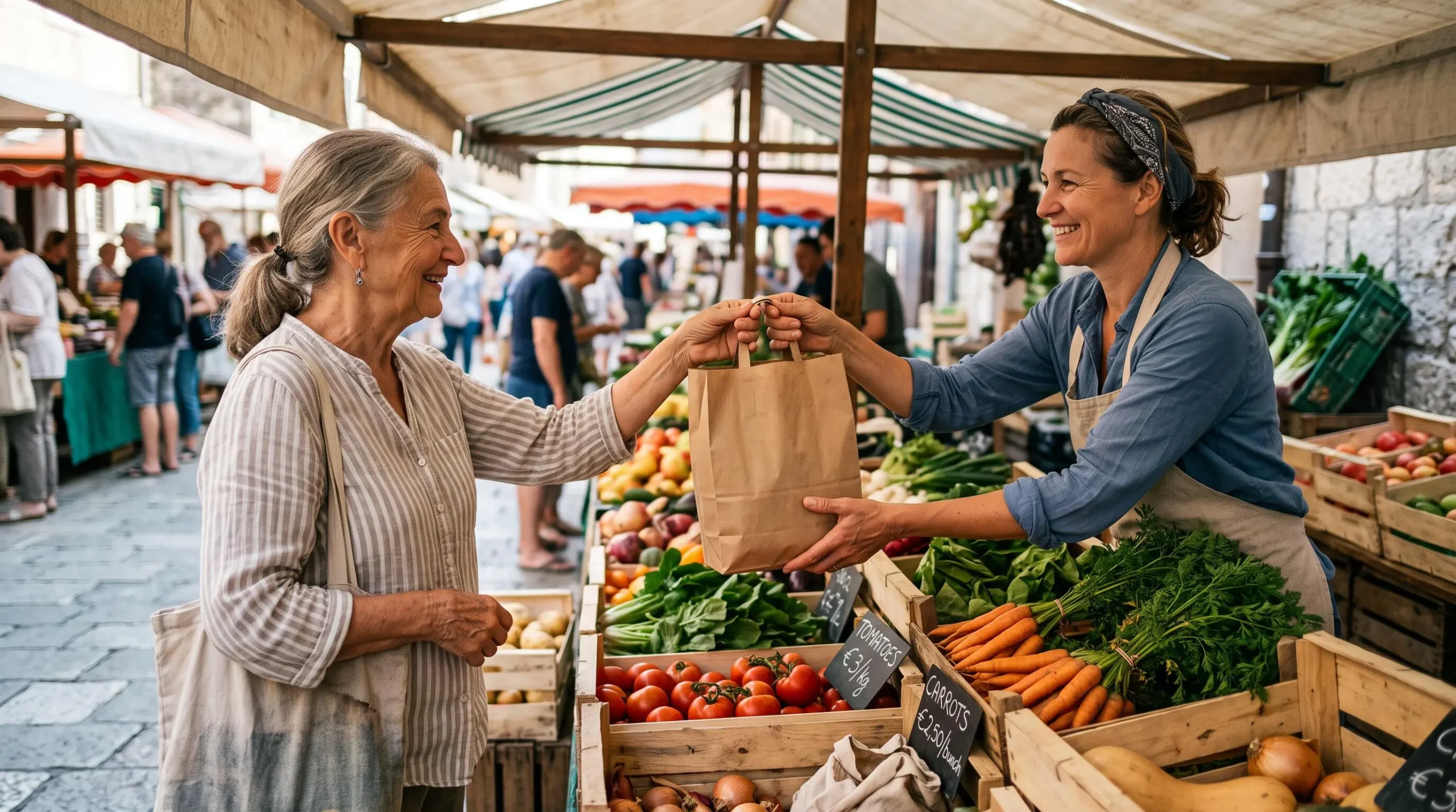 A vendor hands a paper bag of fresh produce to a shopper at an open-air market stall.
