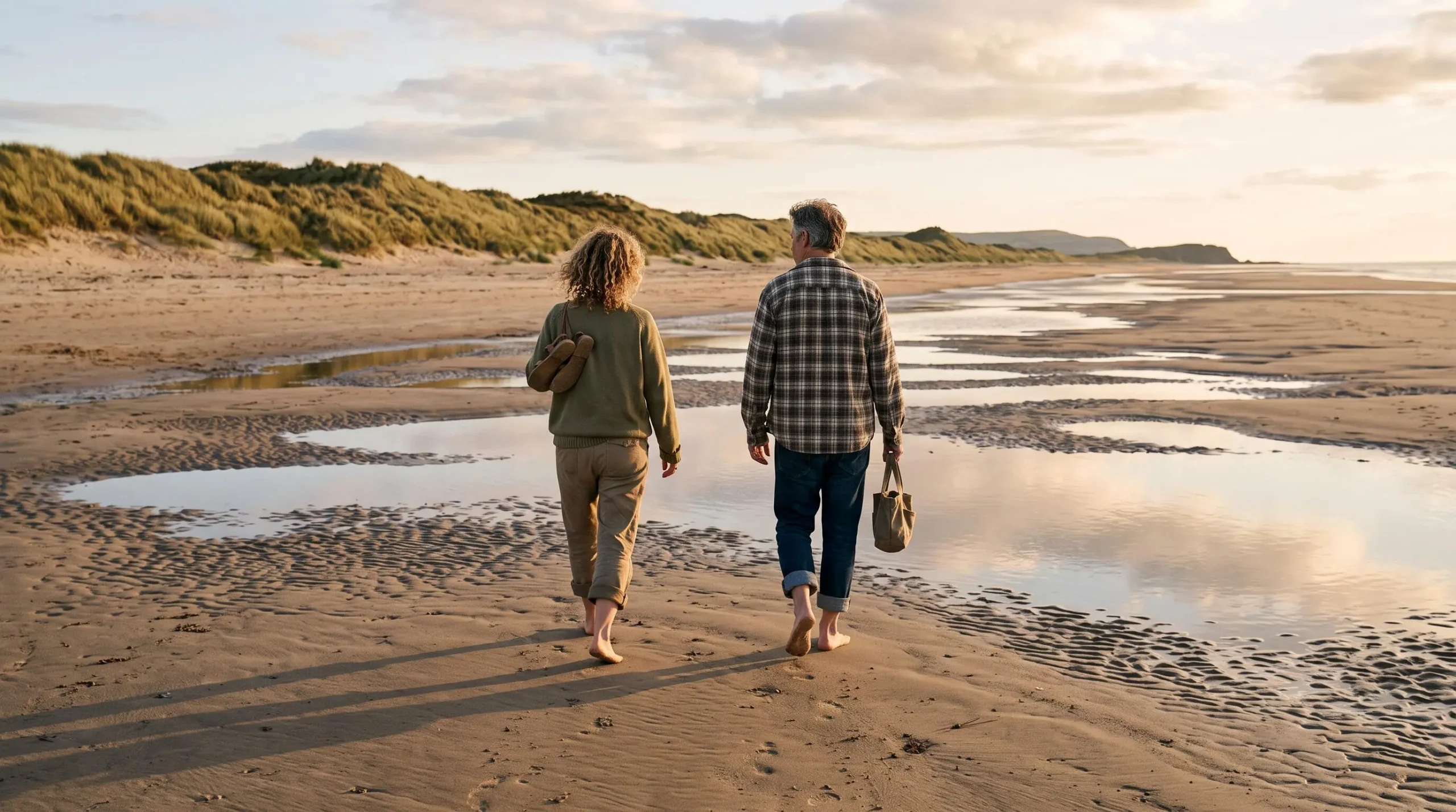 Two people walk barefoot on a wide sandy beach at low tide with tidal pools reflecting the sky.